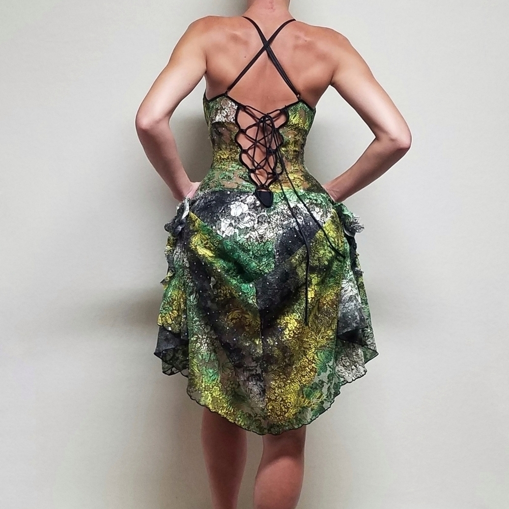 80s Rare Vintage Surprise Parties Green Tie-Dye Sheer Lace Lace-up Bustle Dress - Picture 4 of 16